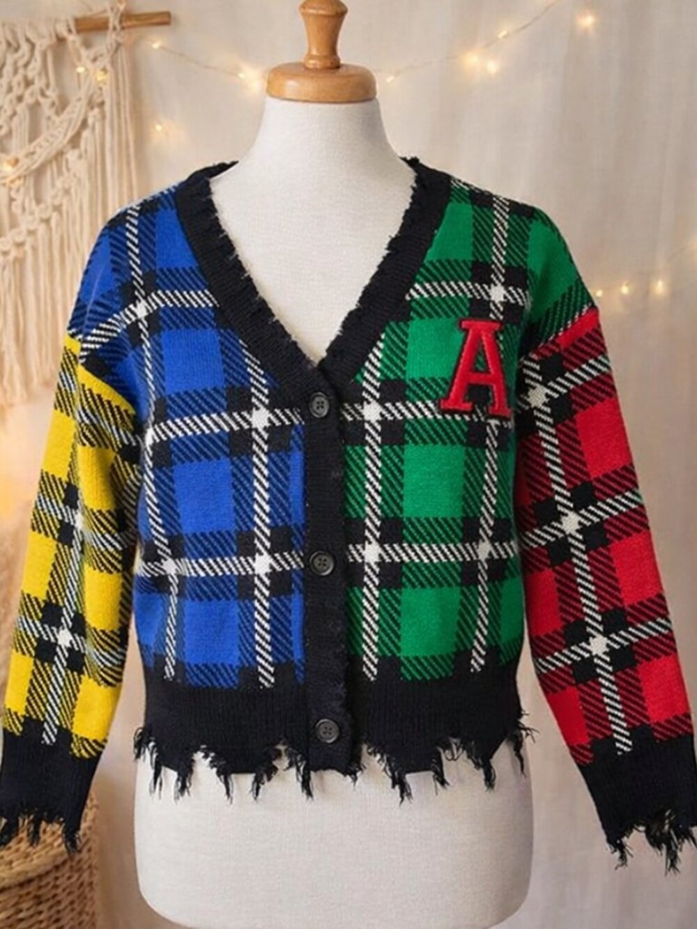 Runway 7 Patchwork Plaid Knit Cardigan Sweater S Grunge Varsity Retro Prep Y2K